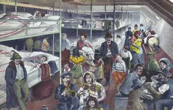 Illustration of Immigrants sitting on bunk beds