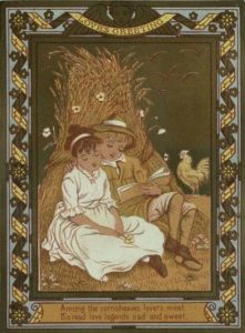 Image of 2 young people reading by a cornsheaf by Kate Greenaway