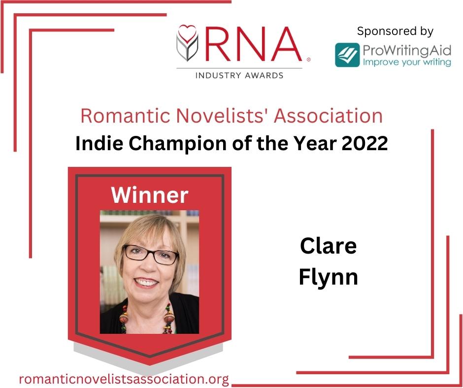 Clare Flynn, WINNER, Indie Champion of the Year, RNA IA22 – Social Media Graphic
